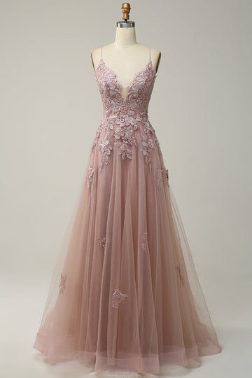 A Line Spaghetti Straps Blush Long Prom Dress med applikationer